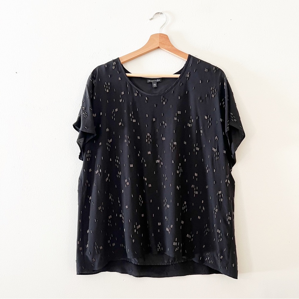 Eileen Fisher Womens Beaded Silk Scoop Neck Top Blouse Size Small  Black.